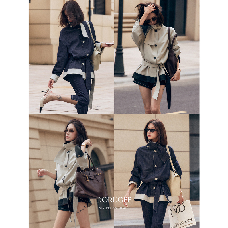 Dorugee'Autumn Mood' 2026 Early Autumn New Color-Block Reversible Stand Collar Trench Coat Fashionable Waist-Cinching Jacket for Women