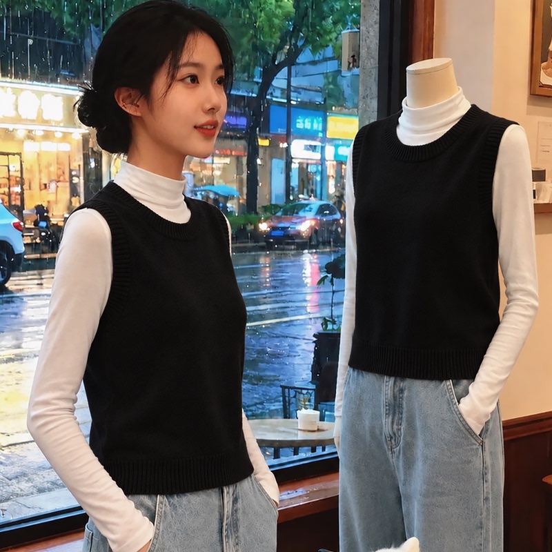 2026 Autumn and Winter New Style Simple Black V-Neck Knitted Vest for Women, High-End Layered Sleeveless Round-Neck Sweater Vest