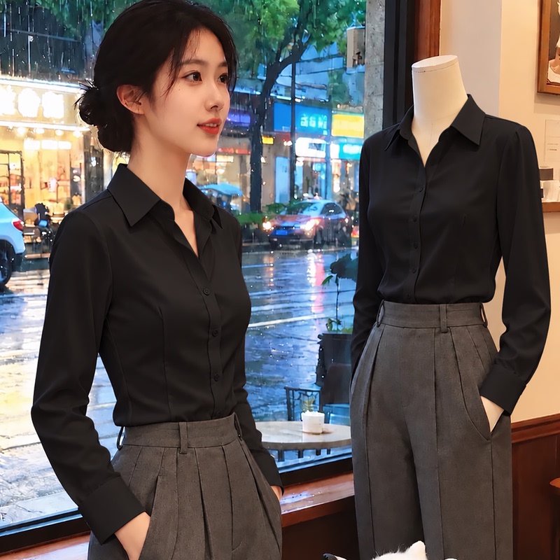 Black Satin Shirt for Women 2026 New Long-Sleeved Top with a High-End Feel, Professional Formal Wear, Elegant and Slim-Fitting White Shirt