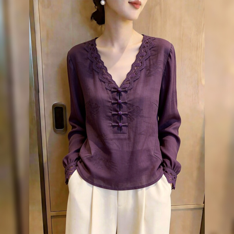 French-Style Long-Sleeved Tops for Women, 2026 Autumn New Collection, Purple Lace Trim, Elegant, Fashionable and Versatile French-Style Long-Sleeved Tops for Women, 2026 Autumn New Collection, Purple Lace Trim, Elegant, Fashionable and Versatile