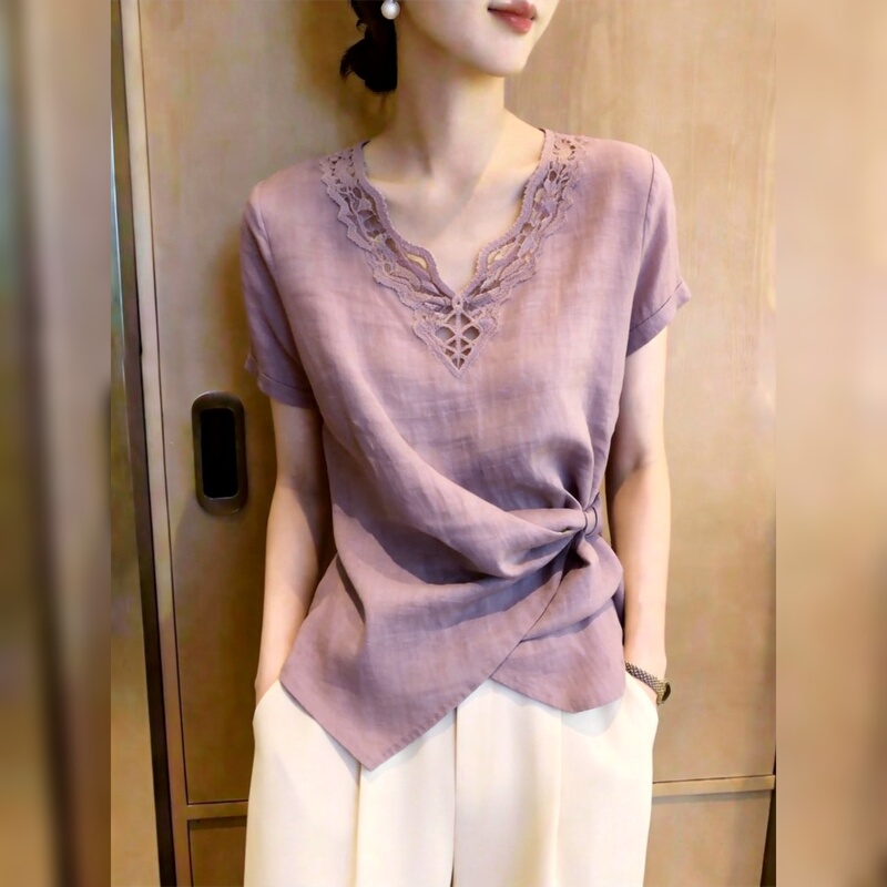 French-Style Lace-Up Waist-Cinching Top for Women, 2026 Summer New Lace-Trimmed Purple Blouse with a Unique and Stylish Design