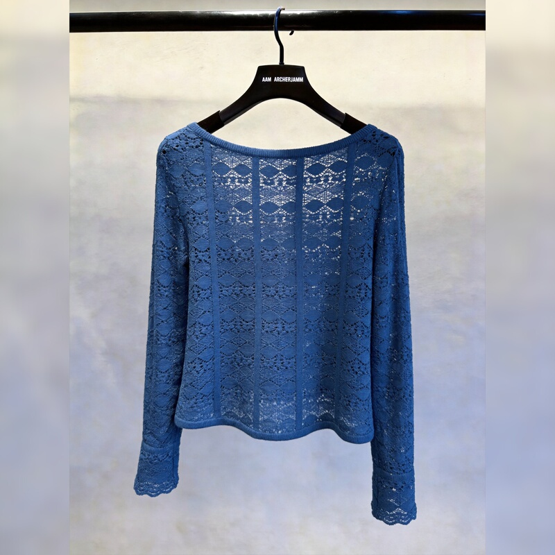 French-Style Blue Hollow Lace Top for Women, 2026 Autumn New Fashion, Comfortable, Versatile, Slim-Fit, Round Neck, Long Sleeves French-Style Blue Hollow Lace Top for Women, 2026 Autumn New Fashion, Comfortable, Versatile, Slim-Fit, Round Neck, Long Sleeves