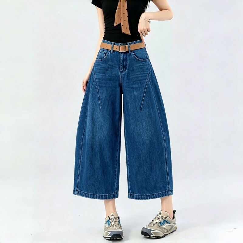 # T8-11681 Thin High-Quality Dark Blue Eight-Nine Length Lyocell Straight-Leg Pants with Belt for Women, Non-Stretch # T8-11681 Thin High-Quality Dark Blue Eight-Nine Length Lyocell Straight-Leg Pants with Belt for Women, Non-Stretch