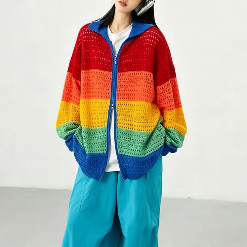 # P6-K1591 Rainbow Striped Knitted Oversized Casual Top Jacket Women High Elasticity