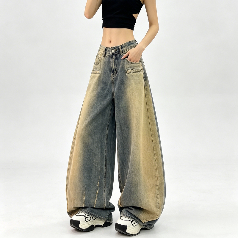 # T8-20707 High-Quality American-Style Wasteland-Inspired Double-Button High-Waisted Gradient Stylish Wide-Leg Knife-Cut Pants for Women, Non-Stretch