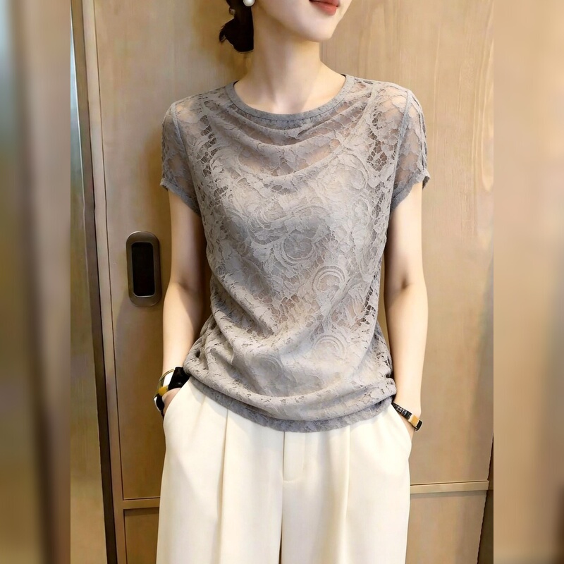 Versatile Light Gray Lace Top, 2026 Autumn New Women's Clothing, Soft, Refreshing, Transparent, Versatile Commuter Blouse