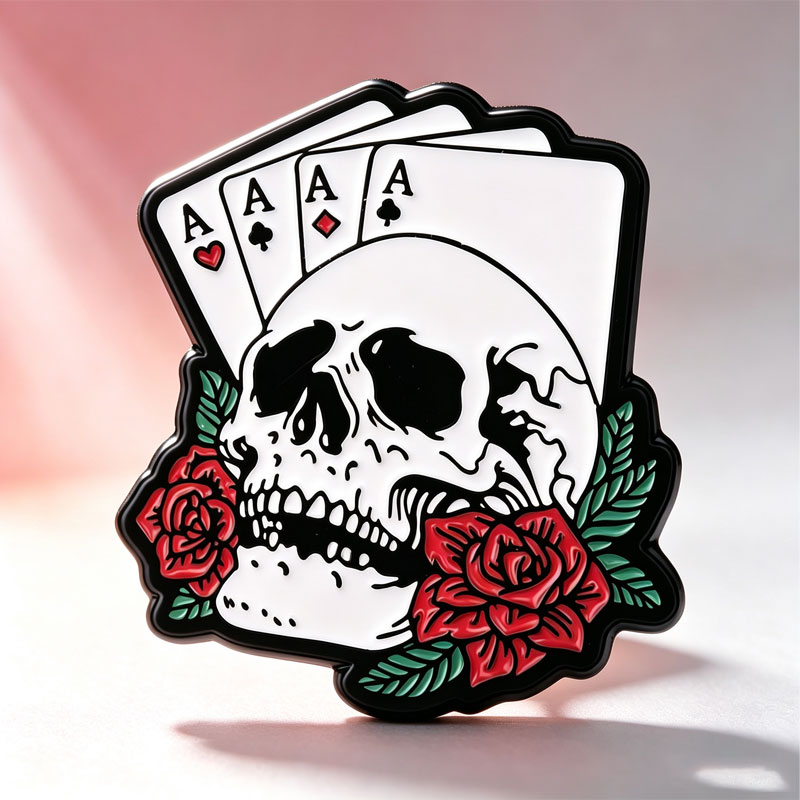 Retro American skull card brooch, skull rose, versatile and fun badge, metal emblem, backpack charm, accessory.