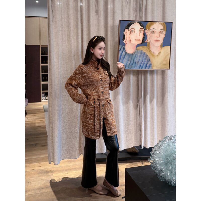 Fang Ai Ren【Late Autumn Knitting Series】Autumn and Winter Retro Wool Floral Yarn Stand Collar Lazy Style Mid-Length Knitted Cardigan