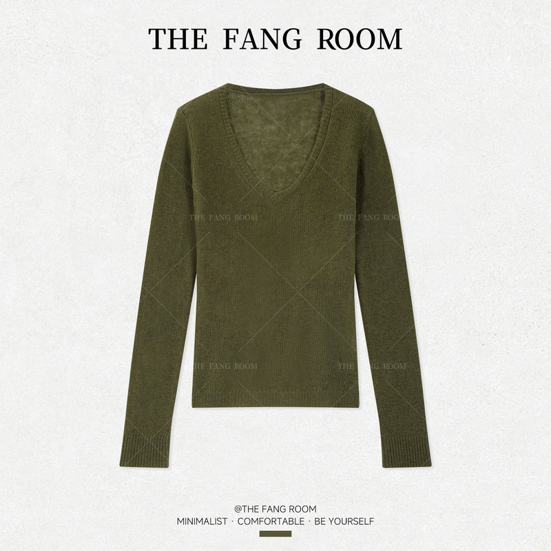 Fang Airen [Songjian Qinghen] New Olive Green Simple Style V-Neck Slim Wool Knit Pullover Base Shirt