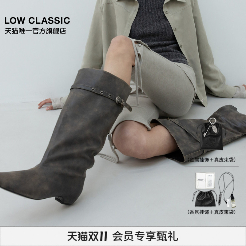[Official Authentic Product] Low Classic Pointed Toe Low Heel Boots with Lace-Up and Back Zipper Design Korean Style Women's Shoes