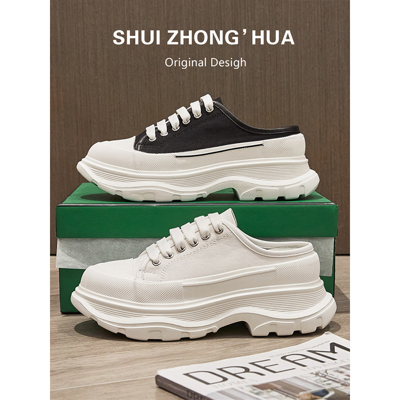 Women's White Shoes 2026 Spring New Style Closed-Toe Half-Slippers for Women, Outdoor Thick-Soled Height-Increasing Platform Trendy Mcqueen Canvas Shoes