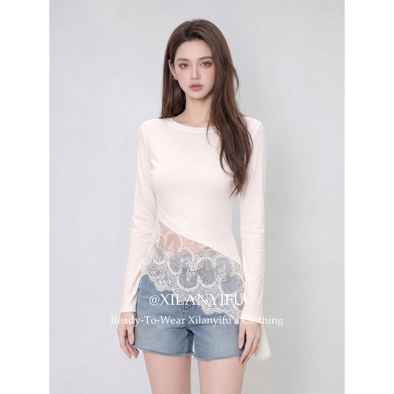 Xilanyifu Design-Inspired Top with Asymmetrical Hem, Lace Splicing, Unique Irregular Hem, Slim Fit, Pure and Alluring Style