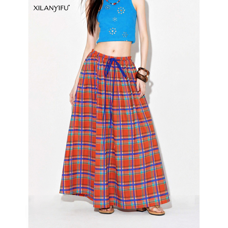 Xilanyifu Retro Plaid Color-Blocking Long Loose Two-Way Elastic Versatile Skirt 2026 Summer New Style Xilanyifu Retro Plaid Color-Blocking Long Loose Two-Way Elastic Versatile Skirt 2026 Summer New Style