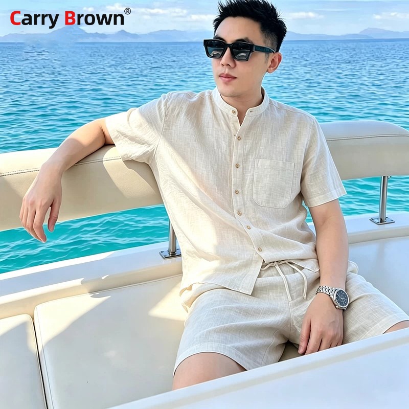 Old Money Style Lyocell Linen Casual Sports Suit for Men 2026 New Summer Short-Sleeved Shirt and Shorts for Men