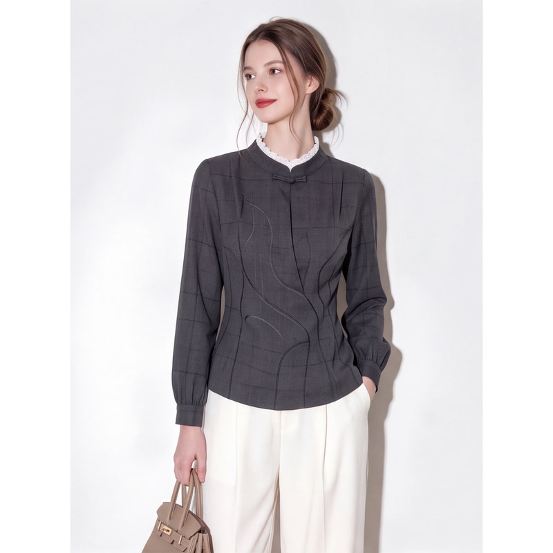 Korean-Style Retro Chic Gray Shirt for Women, New Autumn Lace Patchwork Waist-Cinching Slim-Fit Elegant Commuter Top