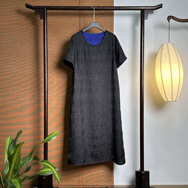 【263557】Klein Blue Ink Rhythm New Chinese Style 40mm Black Textured Dress