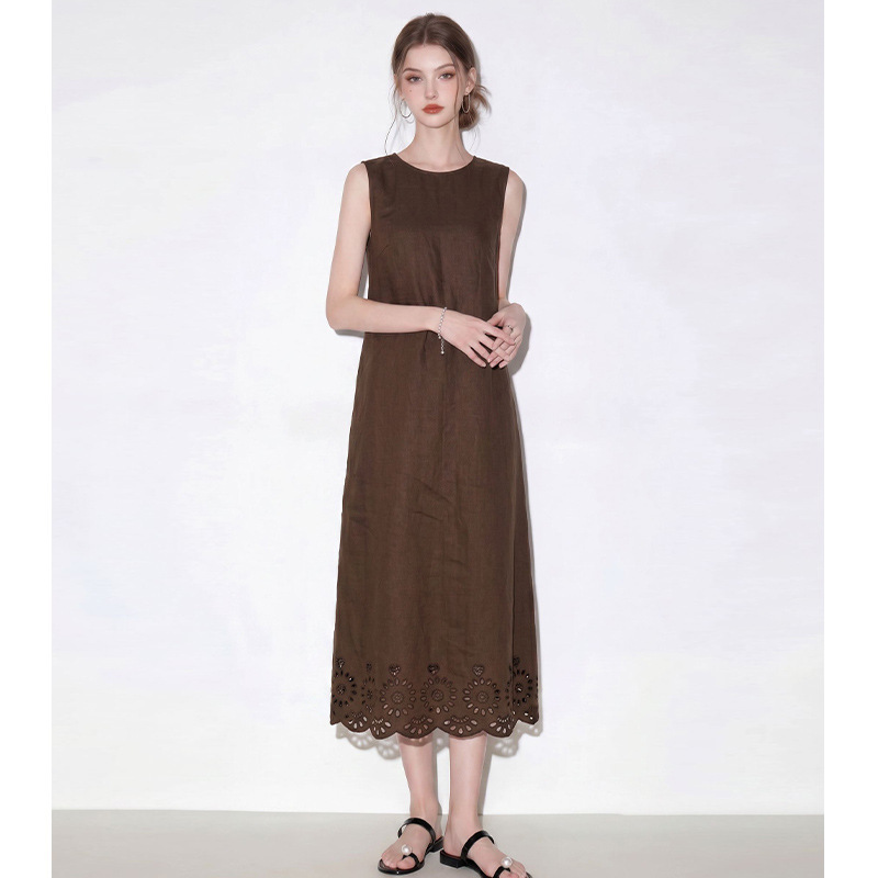 Vintage Linen Sleeveless Dress with Relaxed Fit, Hollow Embroidery, Loose and Lazy Old Money Style, Elegant Long Tank Dress