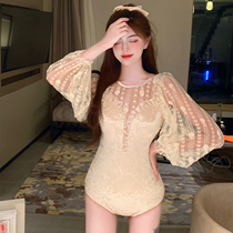 Swimsuit Women Summer Conjoined 2021 New Sexy Long Sleeve Lace Conservative Small Chest Gather to Cover Belly Skinny Hot Spring Swimsuit