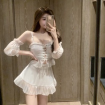 Swimsuit female 2021 new fairy fan split three-piece set covering belly thin student conservative skirt hot spring swimsuit