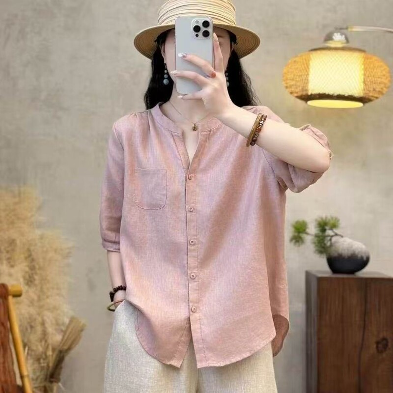 Linen V-Neck Mid-Sleeve 2026 Summer Breathable Versatile Loose Fashion Cotton-Linen Shirt Casual Artistic Slimming Linen V-Neck Mid-Sleeve 2026 Summer Breathable Versatile Loose Fashion Cotton-Linen Shirt Casual Artistic Slimming