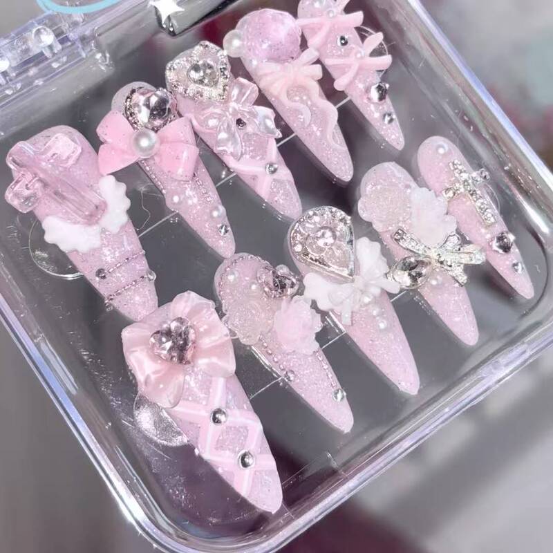 Pink Crushed Diamond Sparkling Japanese Mass-Produced Vintage Style Handmade Wearable Nail Tips, Removable Pink Crushed Diamond Sparkling Japanese Mass-Produced Vintage Style Handmade Wearable Nail Tips, Removable