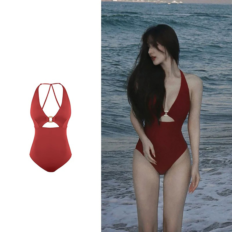 Ormior Burgundy Retro Hong Kong Style Sexy Hottie Deep V-Neck Elegant Tummy-Covering Slimming Vacation One-Piece Swimsuit Ormior Burgundy Retro Hong Kong Style Sexy Hottie Deep V-Neck Elegant Tummy-Covering Slimming Vacation One-Piece Swimsuit