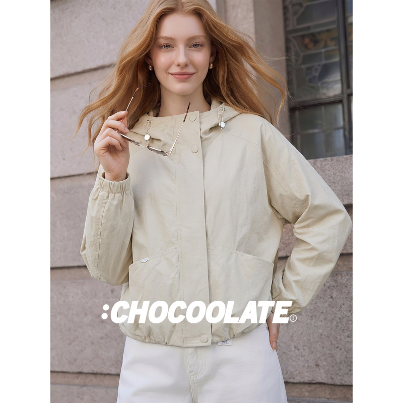 It:Chocoolate Hooded Long-Sleeved Short Jacket for Women, Autumn Casual Style, Loose-Fitting Windproof Jacket Top