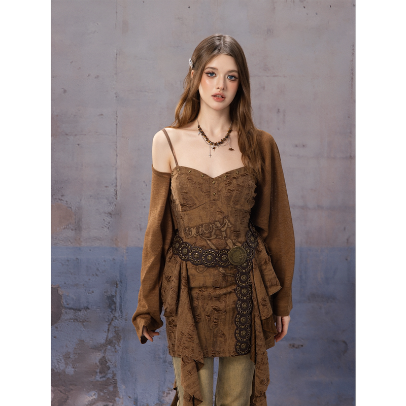 Doopa Wasteland Style Sand Dune Hot Girl Y2K Spaghetti Strap Dress Women's Retro Waist-Cinching Slimming Irregular Short Skirt Doopa Wasteland Style Sand Dune Hot Girl Y2K Spaghetti Strap Dress Women's Retro Waist-Cinching Slimming Irregular Short Skirt
