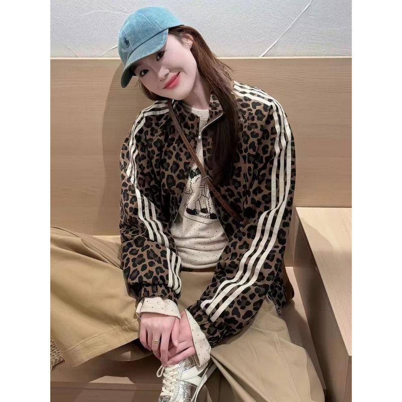 Ormior Stand-Up Collar Leopard Print Street Style Jacket for Women, Spring and Autumn Style, American Retro Design, Short Loose Jacket Ormior Stand-Up Collar Leopard Print Street Style Jacket for Women, Spring and Autumn Style, American Retro Design, Short Loose Jacket