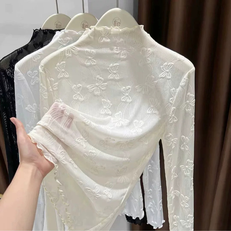 [Conceals Flaws and Looks Slimming] 2026 New Autumn Style Ruffled Mesh Base Shirt, Popular Long-Sleeve Jacquard Thin Top