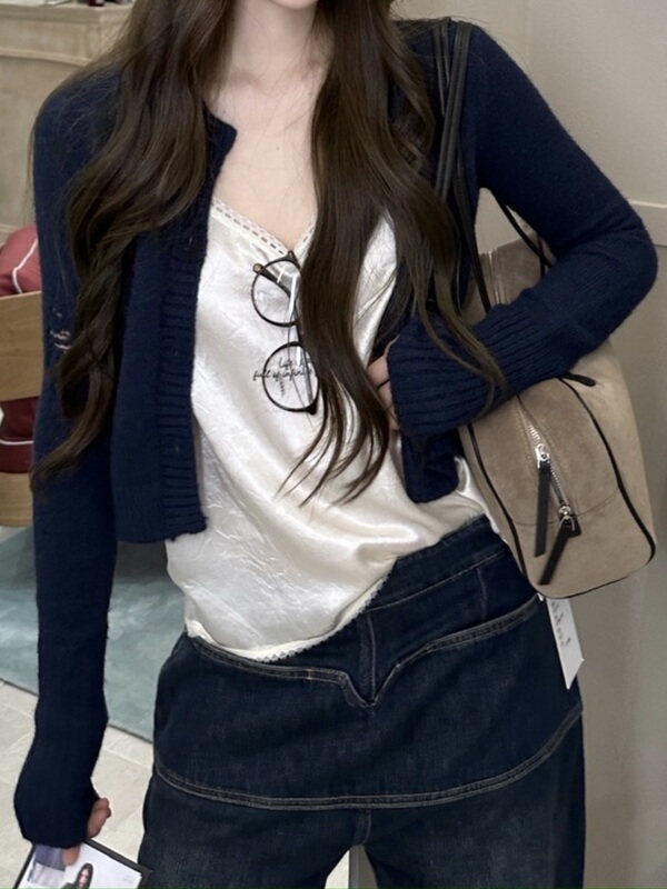 San Yue San【Noagi.】Korean-Style Simple Round-Neck Long-Sleeve Short Cardigan with Distressed Knit Jacket Nck0067 # San Yue San【Noagi.】Korean-Style Simple Round-Neck Long-Sleeve Short Cardigan with Distressed Knit Jacket Nck0067 #