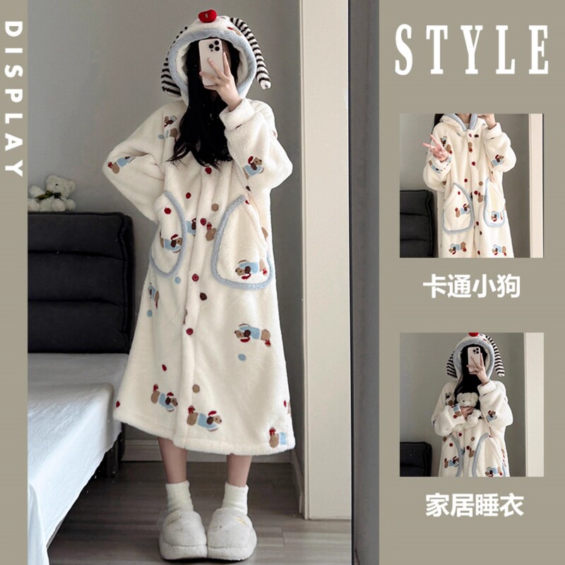 Dachshund Dog Winter Pajamas Coral Velvet Women's Nightgown 2026 New Winter Fleece Thickened Home Clothes Cute Girl