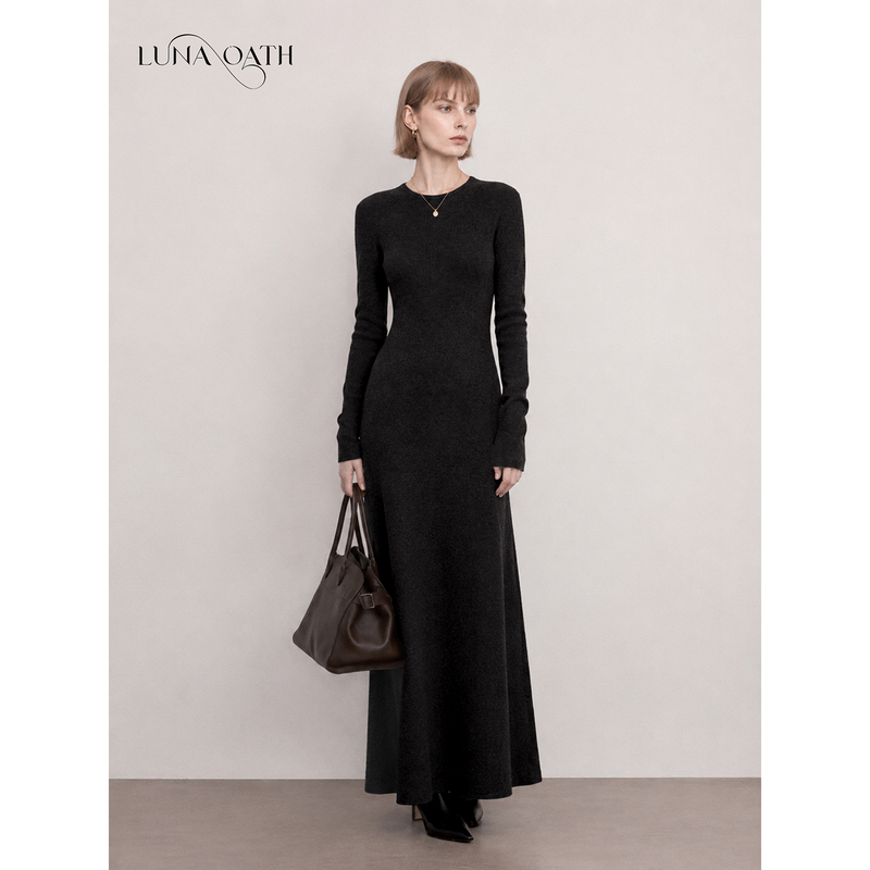 Luna Oath 90% Wool 10% Cashmere One-Piece Dress Round Neck Knit High-Waisted Slimming Long Dress Luna Oath 90% Wool 10% Cashmere One-Piece Dress Round Neck Knit High-Waisted Slimming Long Dress