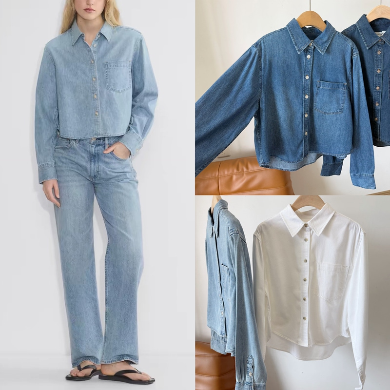 Women's Canadian Denim F Retro Blue Washed Short Denim Shirt A80