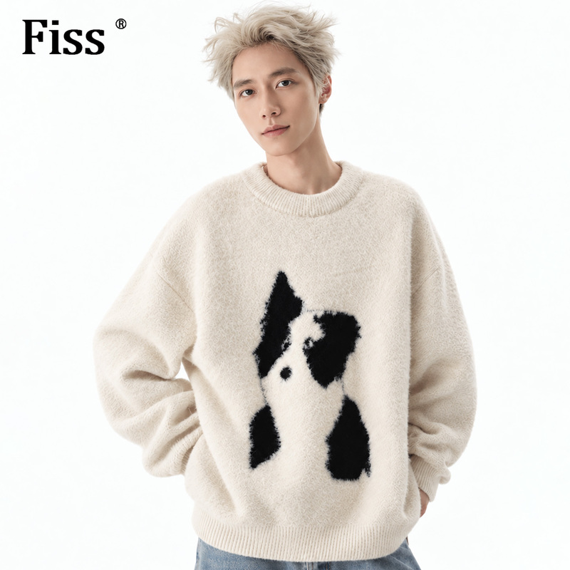 Fiss Design Sense Cartoon Puppy Jacquard Mohair Knit Sweater Men's Autum American Style Loose Lazy Style Sweater