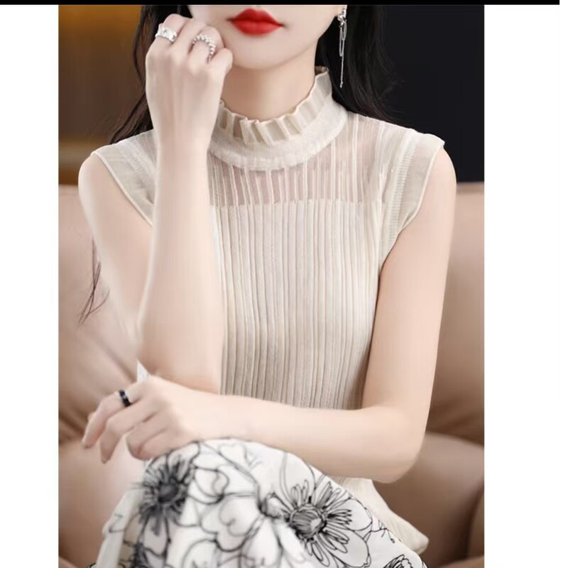 Thin Lace-Trimmed Half-High Collar Vest Paired with a White Sleeveless T-Shirt and a Stylish Hollow-Out Knit Camisole as a Base Layer