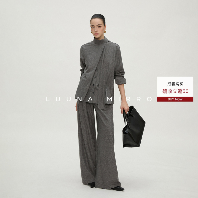 Luunamirro【Life Weekly】Old Money Style Gray Wide-Leg Pants Suit for Women, Relaxed Minimalist Style Suit Luunamirro【Life Weekly】Old Money Style Gray Wide-Leg Pants Suit for Women, Relaxed Minimalist Style Suit