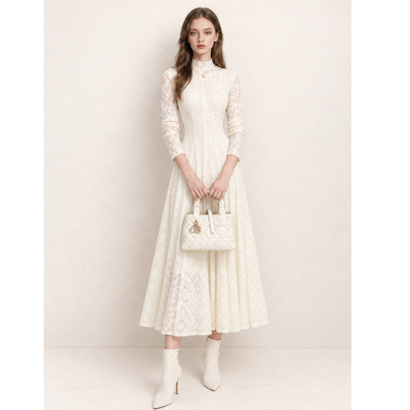 Veesmile Autumn and Winter Very Stylish Lace-Lined Velvet Dress with a Small Turtleneck, Slim Fit, Long Sleeves, Off-White, and a Large Hem