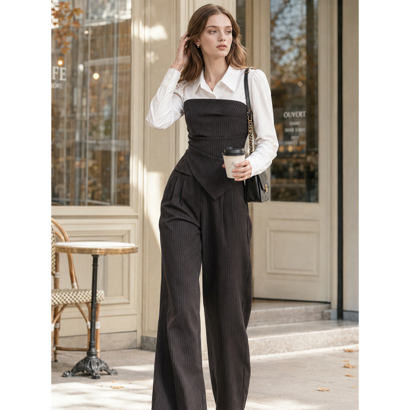 Veesmile Minimalist Style Striped Patchwork Shirt and Wide-Leg Pants Set for Women, Spring and Autumn Slim-Fit Elegant Commuter Two-Piece Set Veesmile Minimalist Style Striped Patchwork Shirt and Wide-Leg Pants Set for Women, Spring and Autumn Slim-Fit Elegant Commuter Two-Piece Set