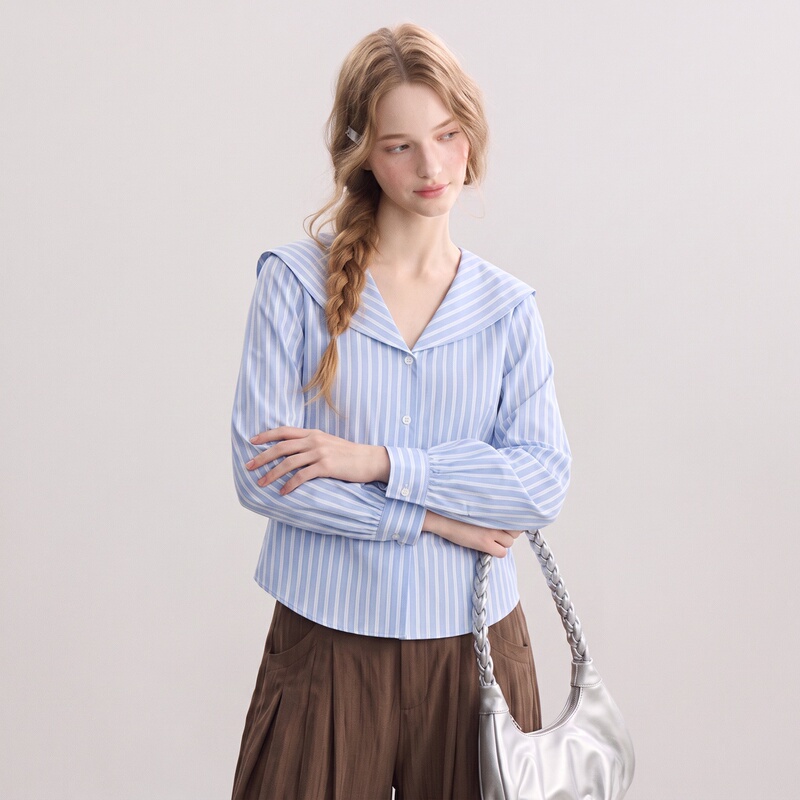 Blue Striped Loose Shirt for Women 2026 Summer Navy Collar Drop Shoulder Beach Vacation College Style Top