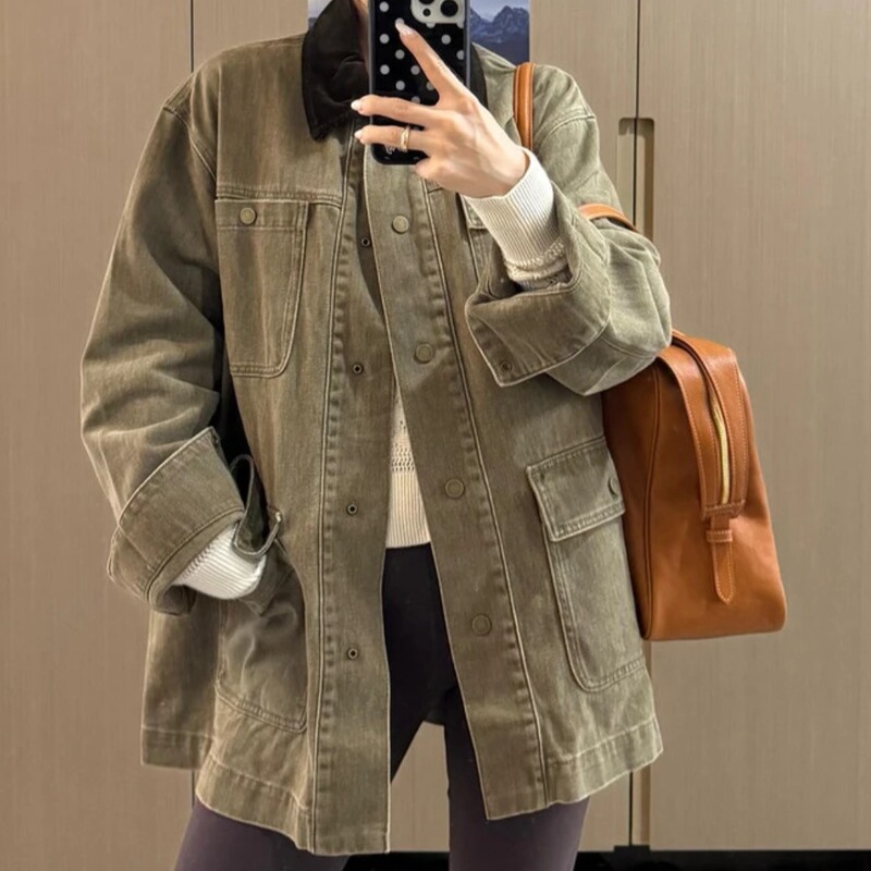 American Retro Style Lapel Work Jacket for Women, Spring and Autumn Loose Fit Detroit Multi-Pocket Baseball Jacket Trendy 527