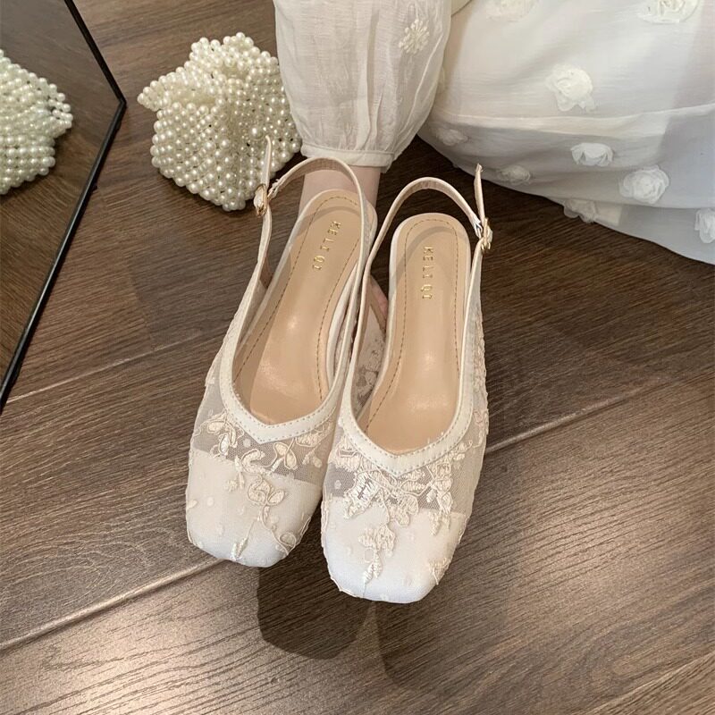 Women's new ballet-style Mary Jane sandals with hidden heel lift, apricot color, bow, mesh embroidery, and closed toe.