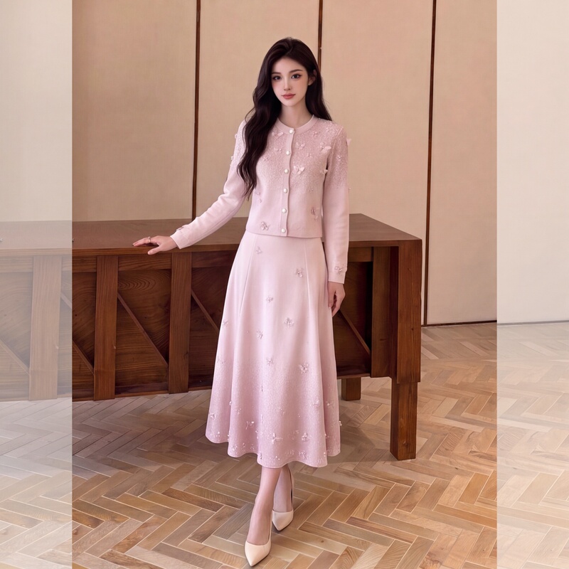 Shenzhen Nanyou High-End Women's Clothing Pink Three-Dimensional Butterfly Beaded Knitted Cardigan with a Large Hem Long Skirt Gentle Suit