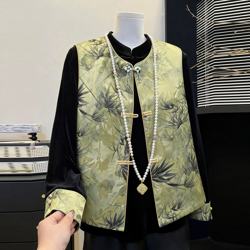 French Ormior Mother's Spring and Autumn New Chinese-Style Suit for Middle-Aged and Elderly People, Gold Velvet Long-Sleeved Pants and Vest Three-Piece Set