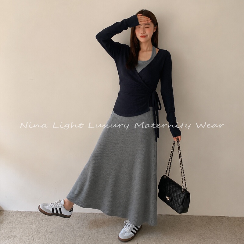 Nina's Light Luxury Maternity Outfit~ Maternity Halter Dress with Tie-Up Cardigan, Autumn and Winter Stretchy Comfortable Elegant Set Nina's Light Luxury Maternity Outfit~ Maternity Halter Dress with Tie-Up Cardigan, Autumn and Winter Stretchy Comfortable Elegant Set