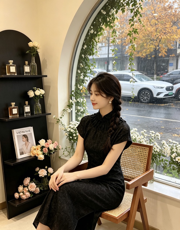 Full-Length Mulberry Silk Four-Thread Twill Leaf-Pattern Slim-Fit Cheongsam Full-Length Mulberry Silk Four-Thread Twill Leaf-Pattern Slim-Fit Cheongsam