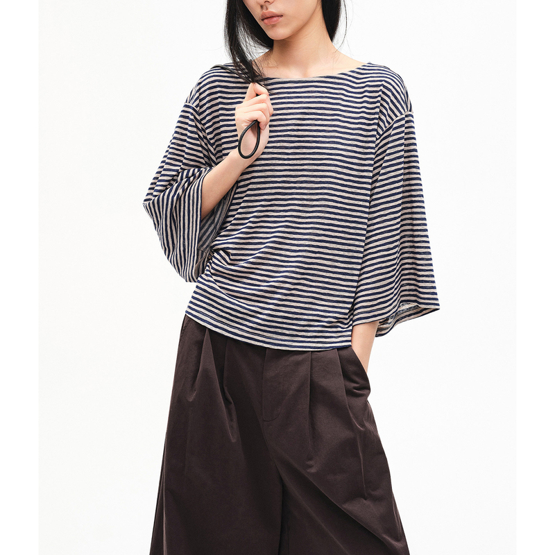 Lrre Lenzing Tencel Linen Minimalist Striped Waist-Cinching Loose Three-Quarter Sleeve Bell-Sleeve T-Shirt Women's Top Lrre Lenzing Tencel Linen Minimalist Striped Waist-Cinching Loose Three-Quarter Sleeve Bell-Sleeve T-Shirt Women's Top