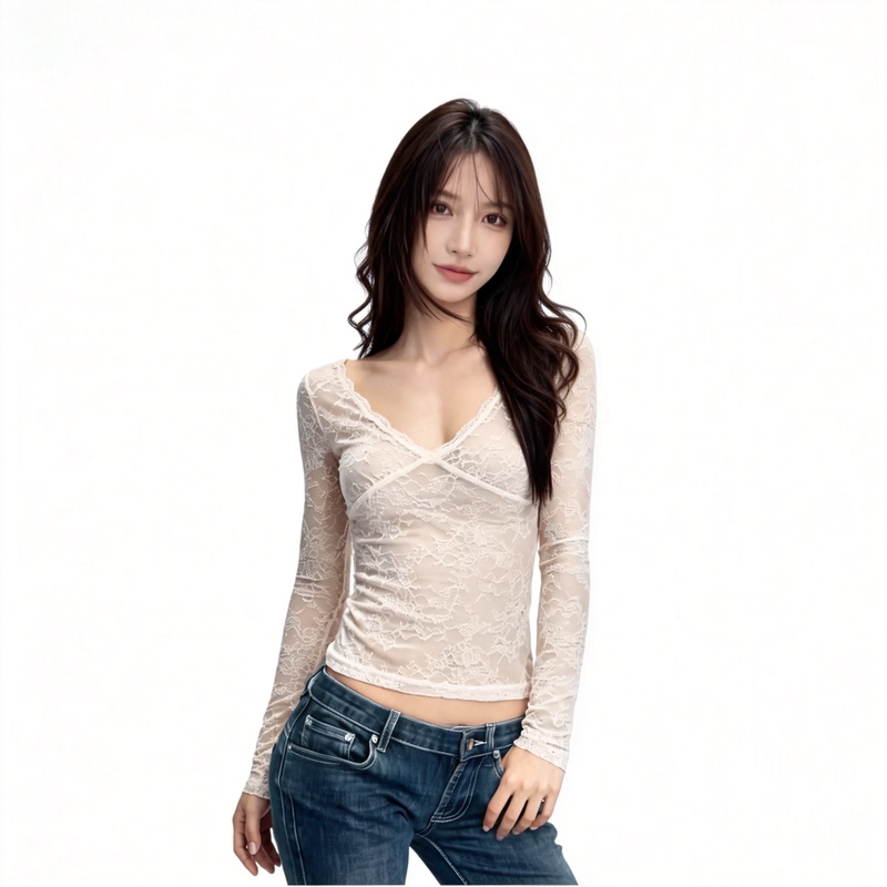 In Stock Crushonit Pure Desire Style V-Neck Double-Layer Lace Jacquard Long-Sleeve Sexy Slimming Autumn and Winter Inner Layer Base Shirt