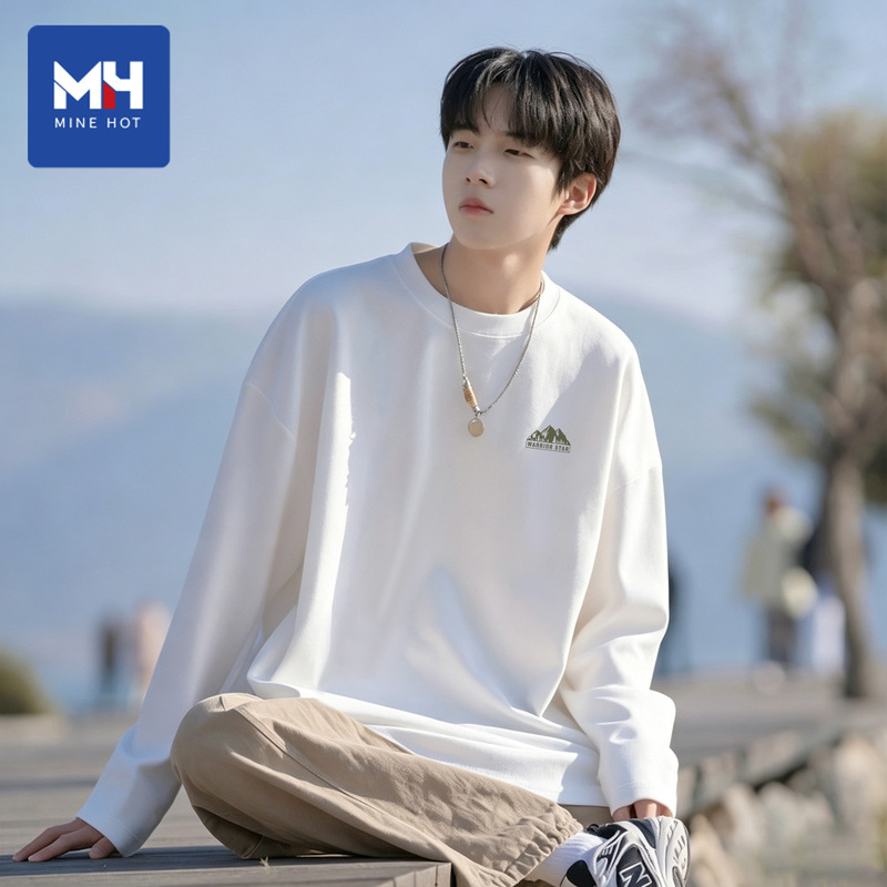 Tangshi Group Mh Pure Cotton Long-Sleeved T-Shirt for Men, Autumn Trendy Loose Top, Comfortable Round Neck Base Shirt, Men's Clothing Tangshi Group Mh Pure Cotton Long-Sleeved T-Shirt for Men, Autumn Trendy Loose Top, Comfortable Round Neck Base Shirt, Men's Clothing