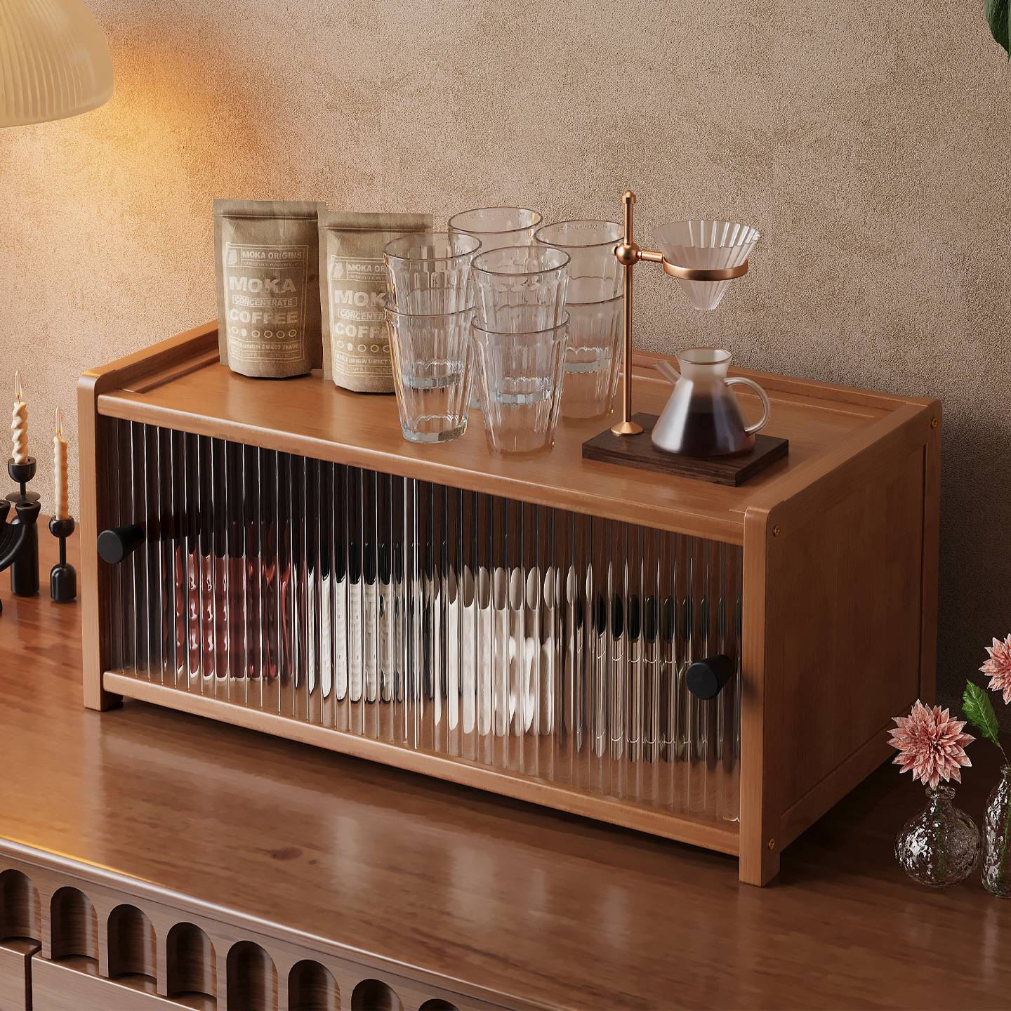 Desktop storage cabinet dustproof storage rack on table water cup tea set coffee cup storage living room dining side storage rack